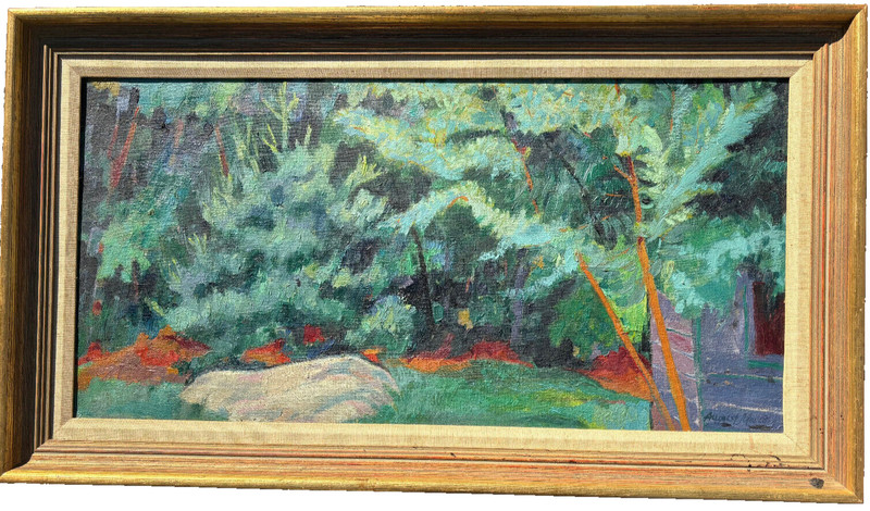Forest behind a Shed 13 1/2″ x 27 1/2″ Oil Painting-1950s/60s-August Mosca