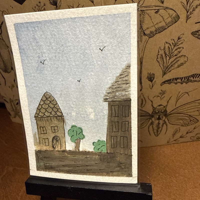Original ACEO Art Card – Whimsical Village Scene – OOAK Miniature Painting