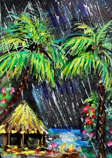 ORIGINAL ACEO Painting Palm TREES Ocean HUT Waves Night Rain Fire Summer ATC ART