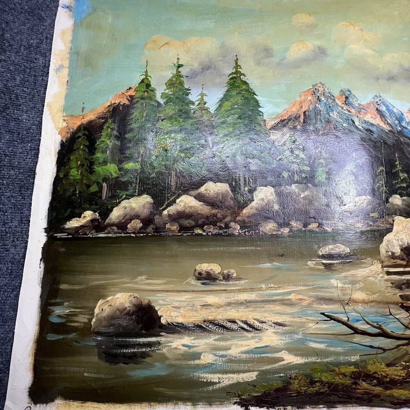 Vintage large oil painting landscape river mountains trees on Canvas gallery