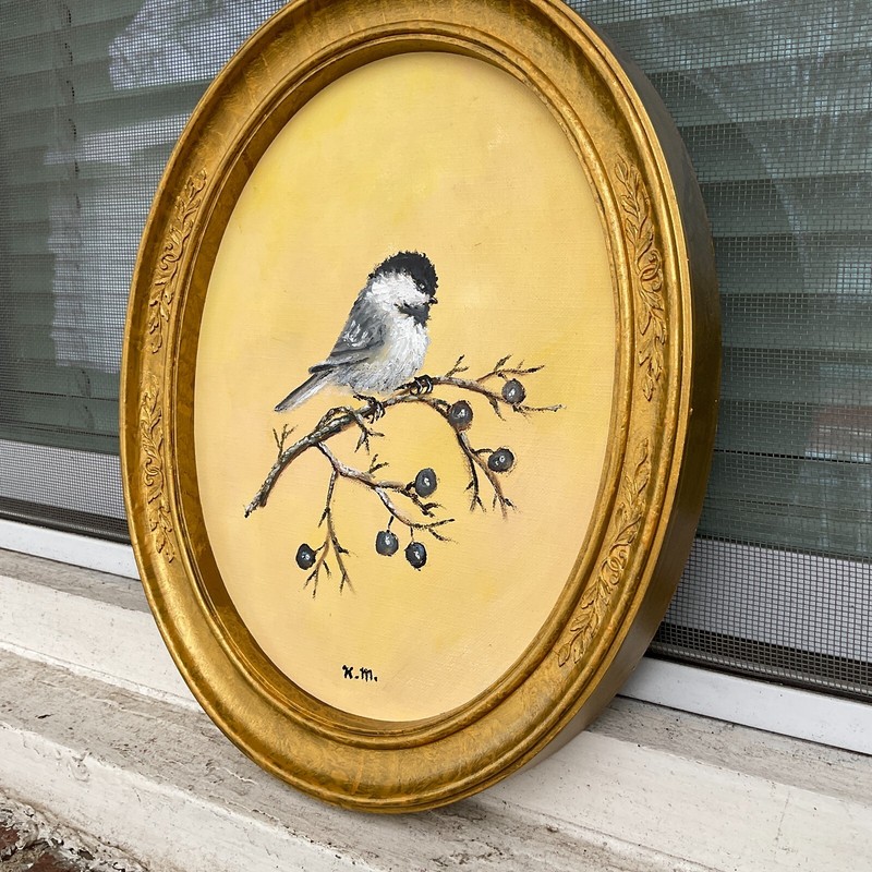 CHICKADEE # 85 - original framed oval birdie painted in oil by K. McDermott gallery