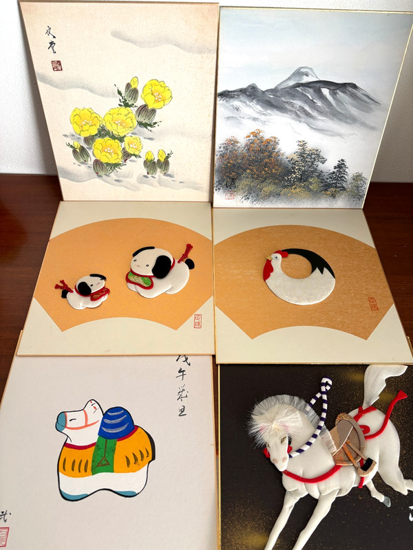RARE JAPANESE Shikishi Art Board 6pc Set Vintage Oshie 3D Fabric Mt Fuji LOT