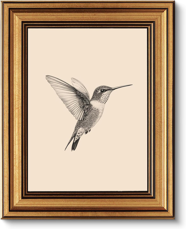 Vintage Gold Framed Wall Art, Sketch Birds Canvas Painting, Cute but Exquisite W