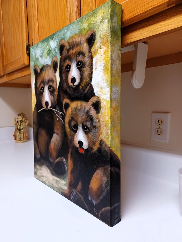 Three Bear Cubs, animals, acrylic art, painting 20 x 16 x 1-1/2 gallery