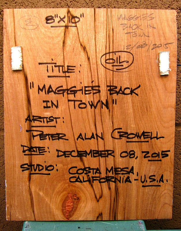 MAGGIES BACK IN TOWN abstract 8x10 painting WOOD Vintage original signed Crowell gallery