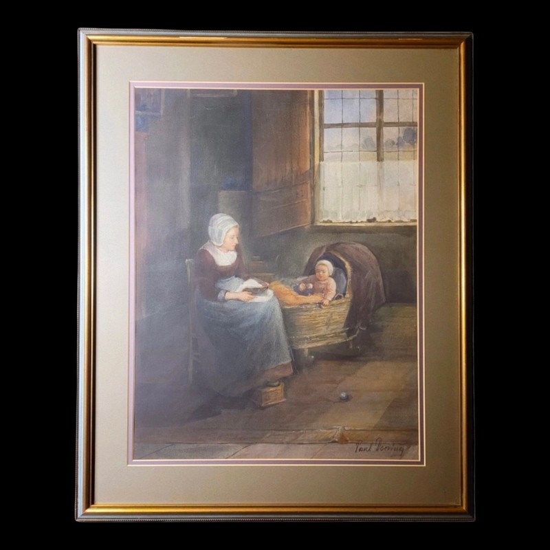 Antique Original Paul Doering Painting Mother Child Realism Dutch Style Signed