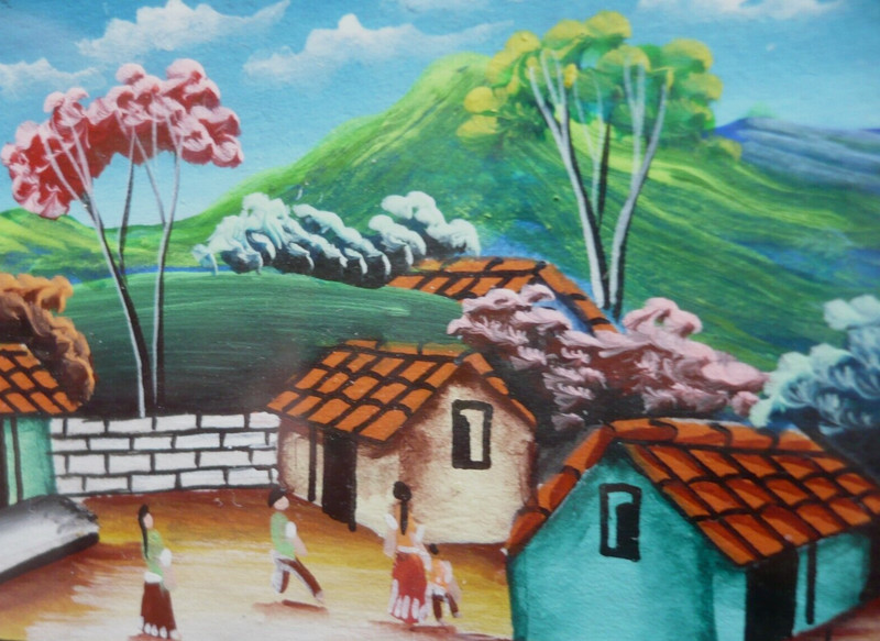 FINE VINTAGE FOLK ART NICARAGUA VILLAGE SCENE MINIATURE OIL COLORFUL LATIN ART gallery
