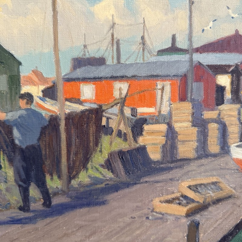 Danish Impressionist Oil Canvas Painting Dock Harbor Scene Boats Signed 1957 MCM gallery