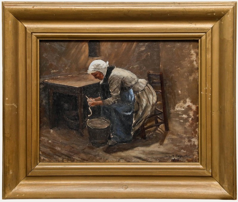 Modeste Carpentier (1866-1926) – Framed 1898 Oil, Peeling Potatoes