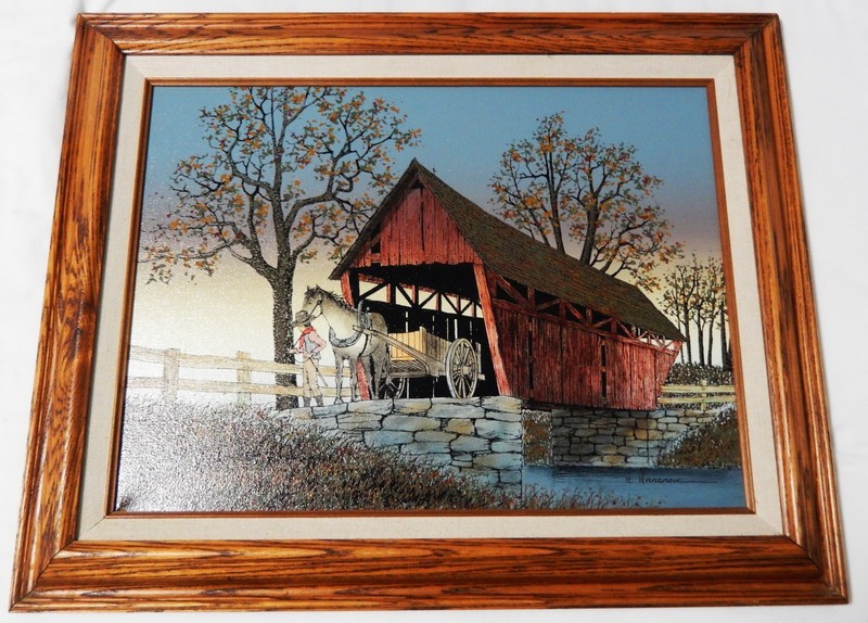 H. Hargrove Oil on Canvas Signed by Artist Serigraph Scene Bridge-Boy-Horse-Barn