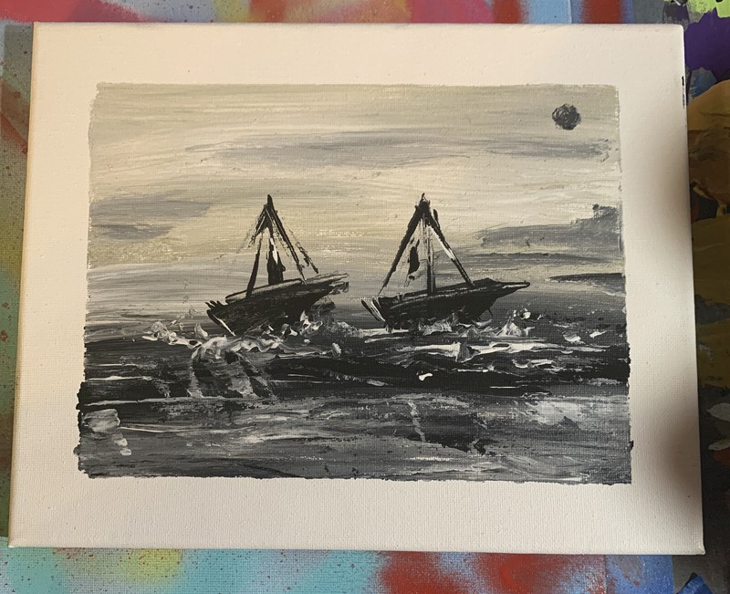 8 X 10 Inch Shortiez Ink Acrylic Painted Canvas Painting Art Thru The Night B&W