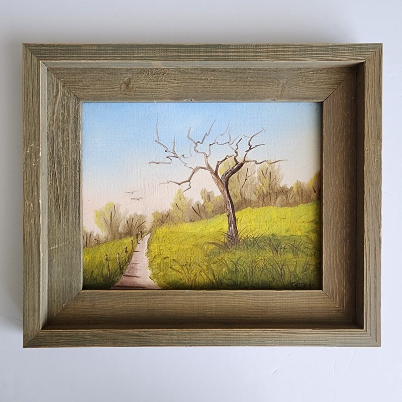 Vintage 1975 Rural Landscape Oil Painting 8×10 Signed Cotten Framed Expression