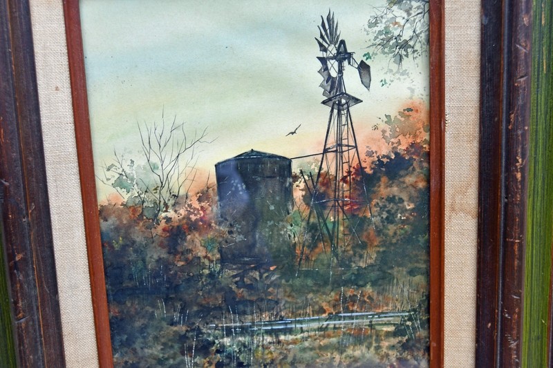 Original Watercolor S L Thompson San Antonio Texas Windmill Tank Farm Landscape gallery