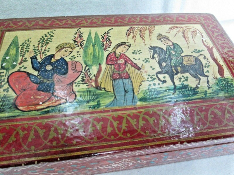 VINTAGE WOOD BOX HAND PAINTED MIDDLE EAST 1940’s TRIBAL LIFE DESIGN