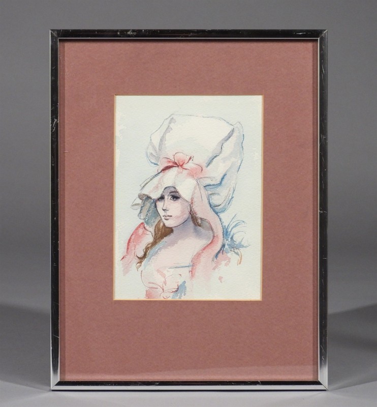 American School Lady With Fashionable Bonnet Portrait Watercolor Painting gallery