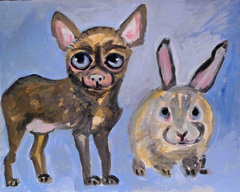 Original 11"x14" chihuahua dog and rabbit acrylic painting on paper, signed gallery