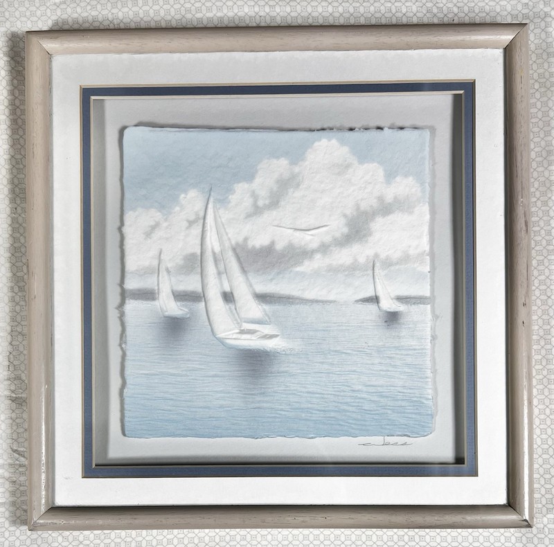 Vintage SIGNED Wess Smith Hand Cast 3D Paper Relief Sailboats Shadowbox Art