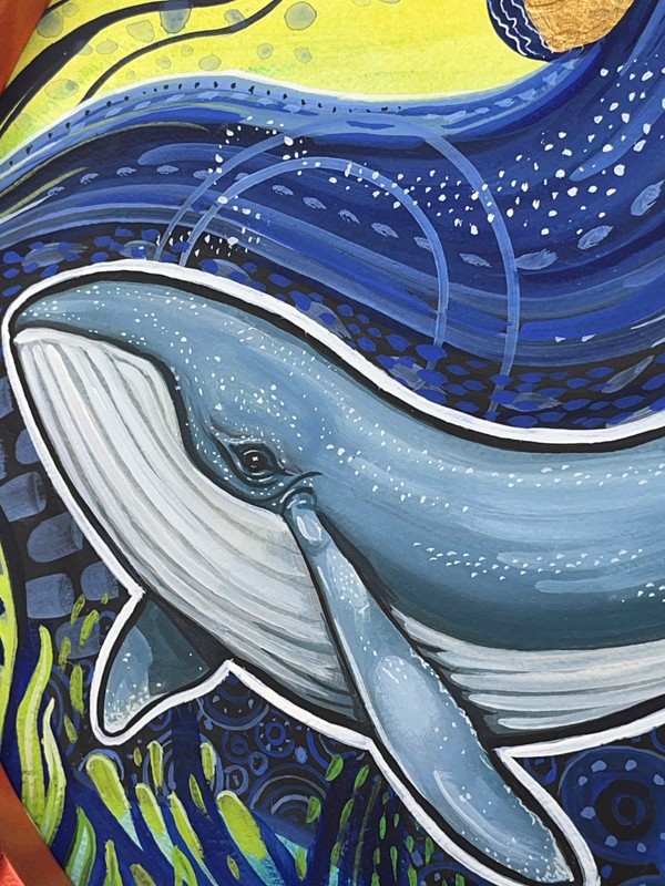 “Whale of a Tale” Framed Original Gouache groovy beachy circle OOAK 15.25” gallery
