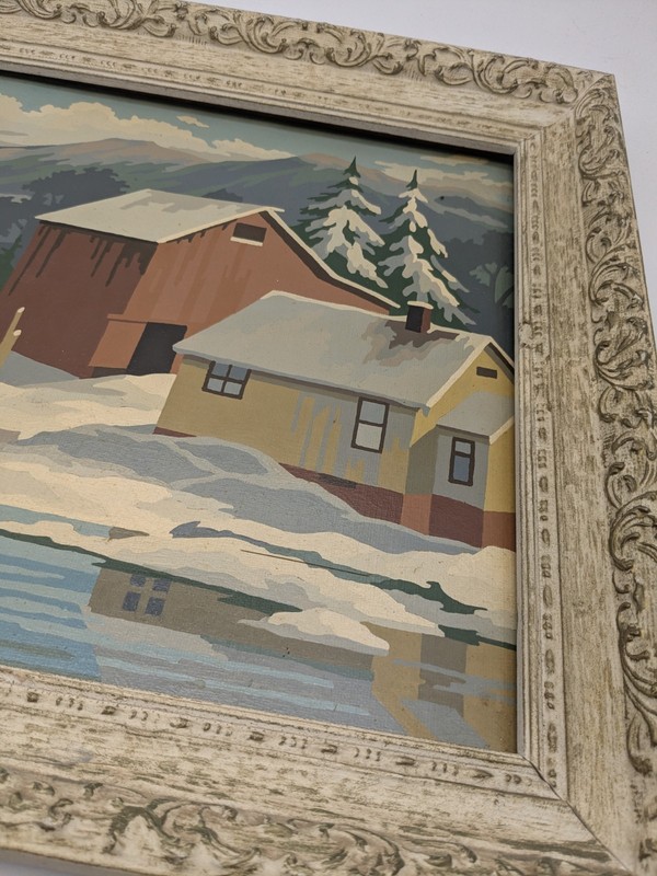 Vtg Set Paint By Number Winter Landscape Framed Wall Art MCM Snow Cabin Farm gallery