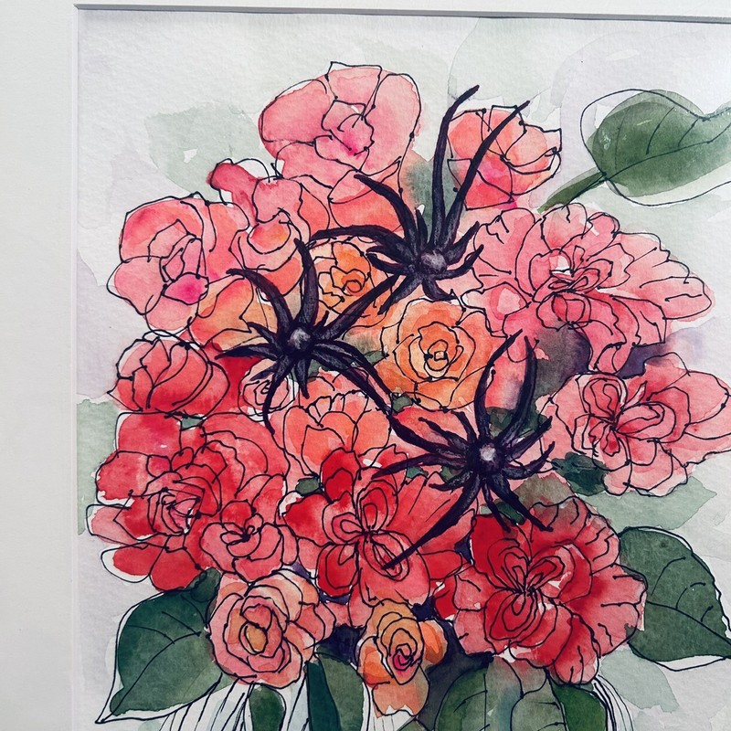 Floral Orig Watercolor Pen/Ink Vase Gorgeous Pinks/Reds 12 x16 ready to frame! gallery
