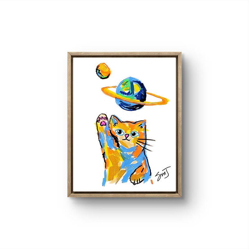 JULIEN Original 11X14 CAT PLANETS Colorful Modern Art Acrylic Painting Canvas