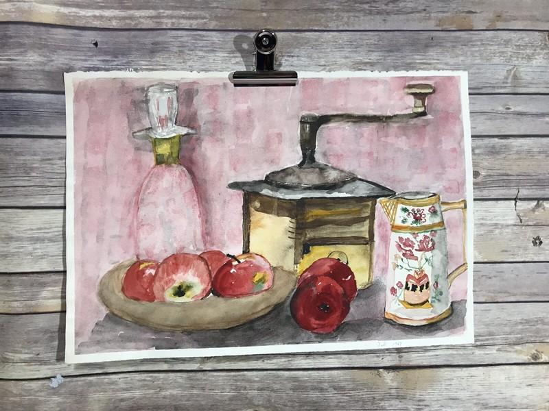 Folk Art Watercolor Painting Modernist Apples Pitcher Pink Red February 1967