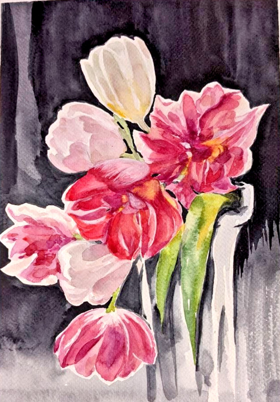 Tulip Bouquet Floral Watercolor Painting Flowers in Vase Romantic Botanical Art