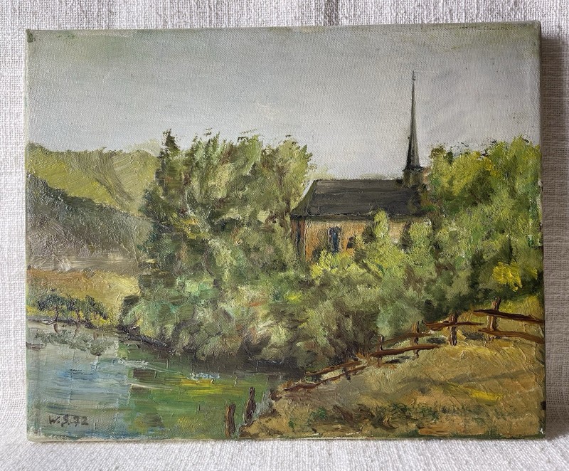 Willi Schellberg oil painting Ruhr Valley Church of Blenz 1972 30.5×24.5cm