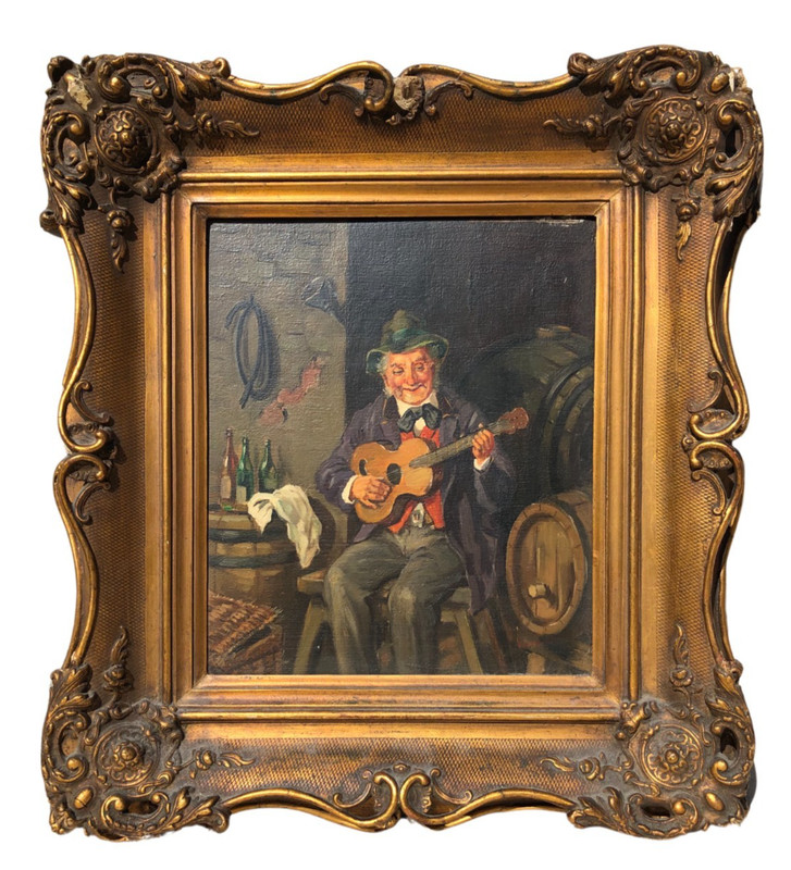 Antique Oil Painting Old Man Playing Guitar – Signed Kerner – Continental Tavern