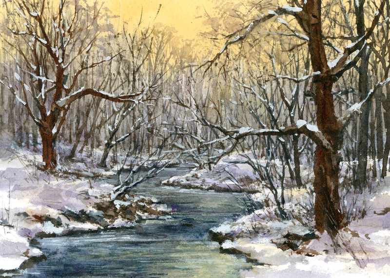 ORIGINAL WATERCOLOR WINTER LANDSCAPE by Linda Henry – Matted and ready to frame!