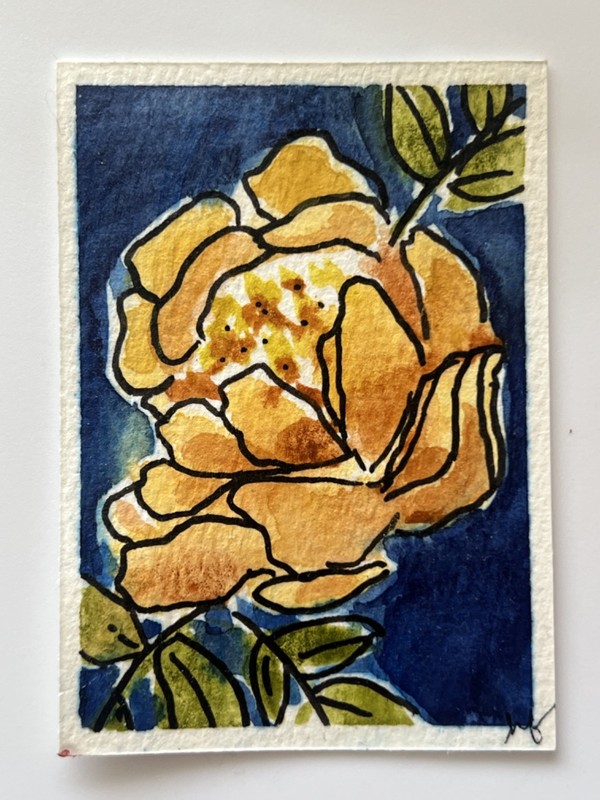 ACEO - Abstract Yellow Flower watercolor and black pen OOAK Signed/Dated gallery