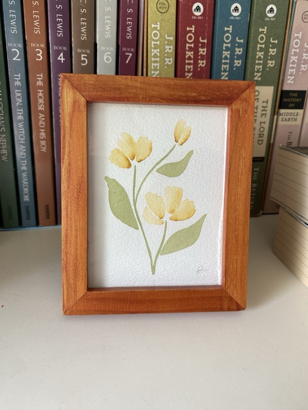 Original Mini Watercolor Painting, Yellow Flowers by Reagan Tachiini, Framed 3×4