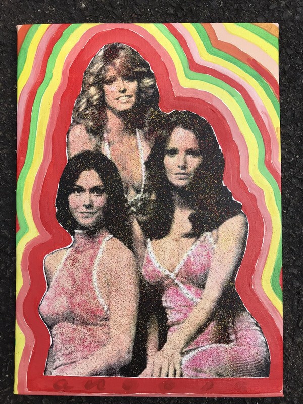 Charlie’s Angels Silkscreen And Glitter And Acrylic On Canvas Pop Art 11×14”