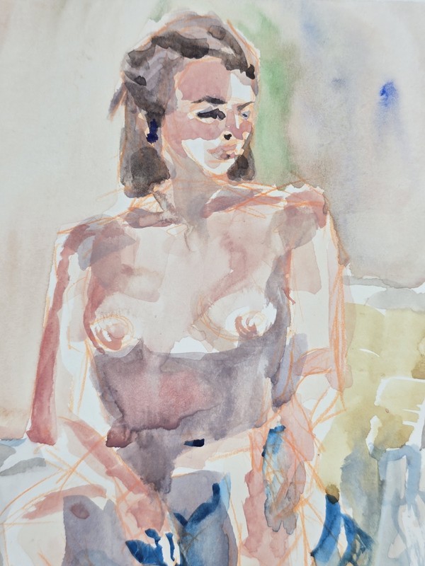 Original Watercolor Painting Nude Woman Seated Artist Signed Erik Siu OOAK