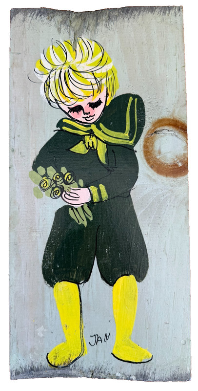 Jan McPherson Hand Painted Reclaimed Wood Boy Yellow Boots Folk Art Signed JAN