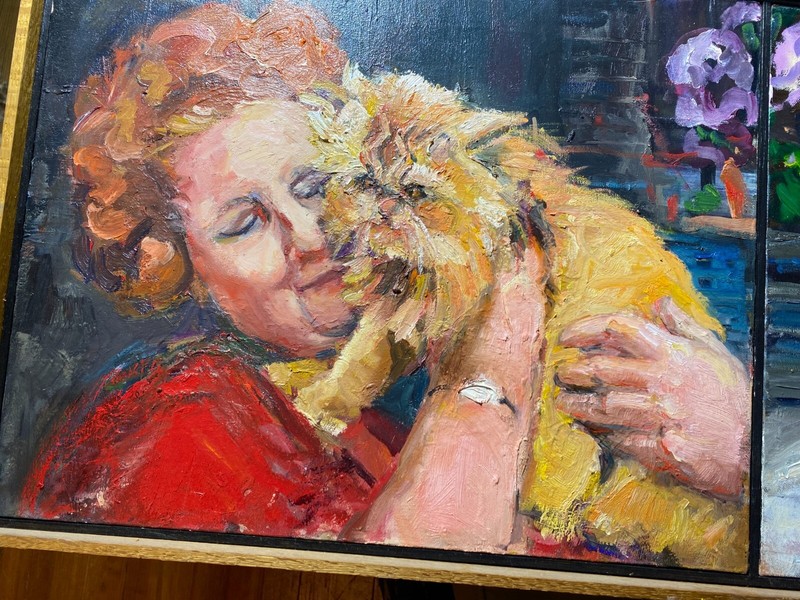 Maryann Matlock-Hinkle (1941 - 2008) "A Woman & Her Cats " Diptych Oil Painting gallery