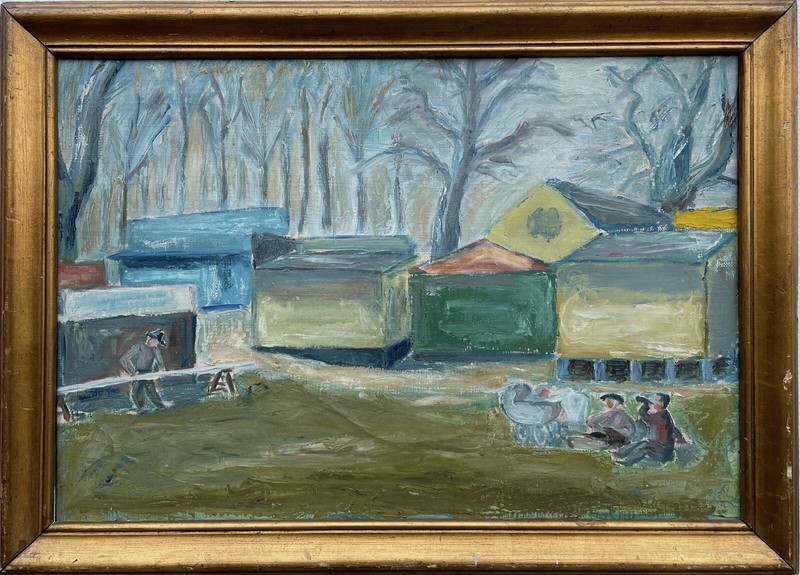 MODERNIST ANONYMOUS LANDSCAPE WITH HOUSES WORK BREAK PEOPLE PRAM