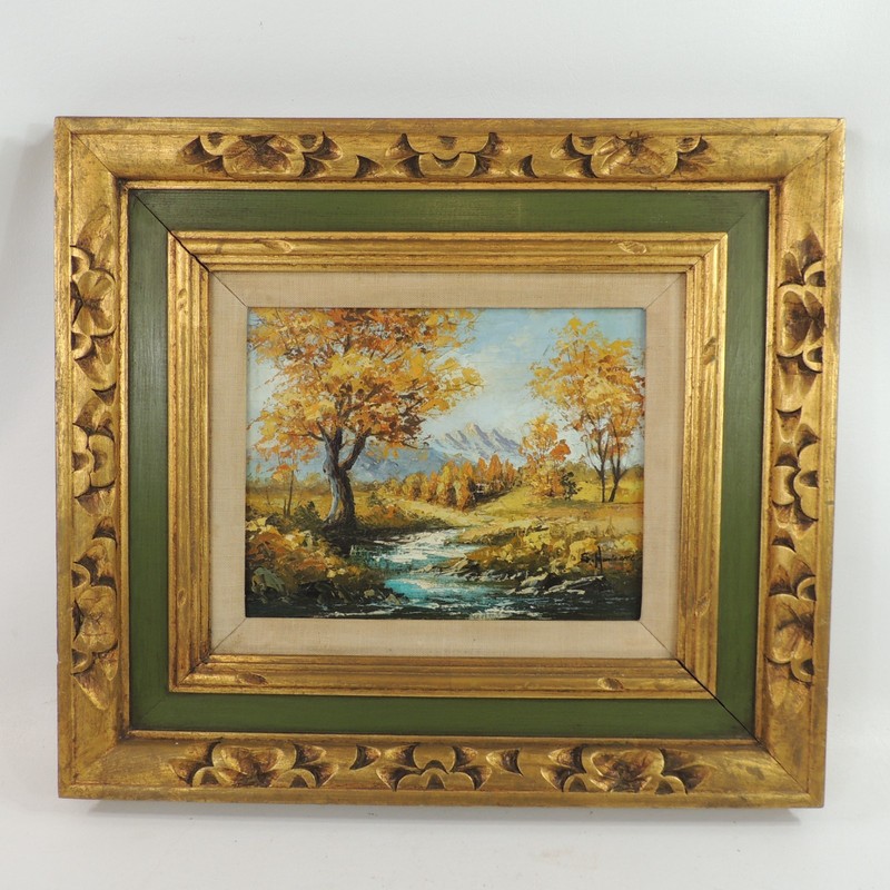 Autumn Trees River Mountain Scene Original Painting by S Harison Framed