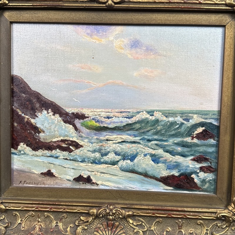Frank Ferruzza (1912-1984) Oil On Board Painting Ocean Beach 15”x13” gallery