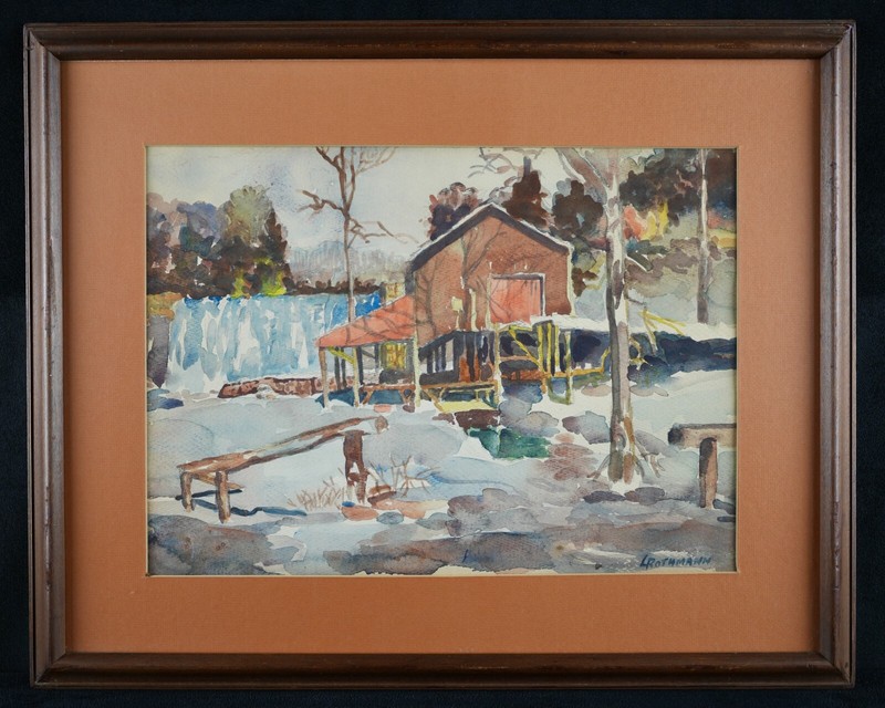 Vintage Framed Original Landscape Watercolor Painting «Rural Winter Scene»