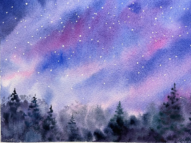 Original Abstract Watercolor Painting Northern Lights Stars Forest - 5x7 inches gallery