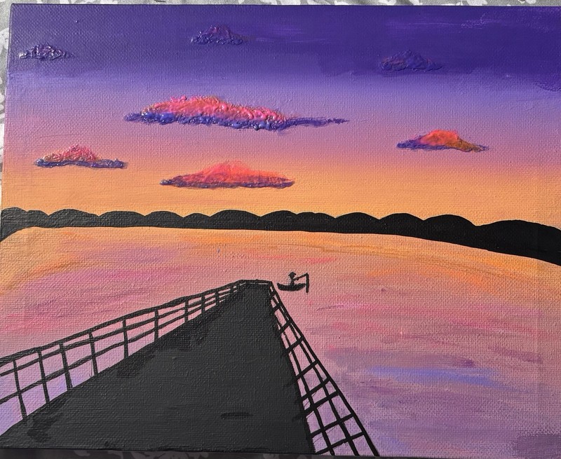 Sunset Seascape Pier Painting – Clouds Contemporary Nature Theme