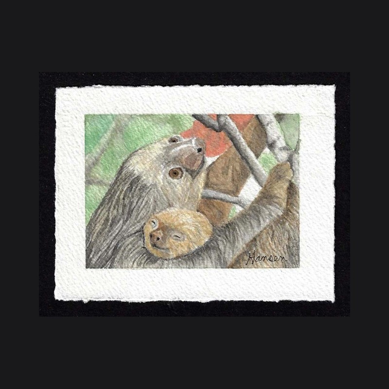 ACEO Original «MAMA and BABY SLOTH» Miniature Watercolor Painting with Mat