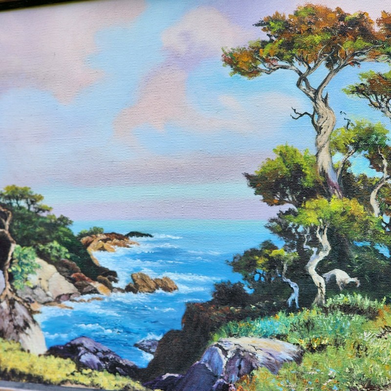 Vtg Acrylic on Canvas Painting Ocean View Framed Artist Signed Trees Water Pink gallery