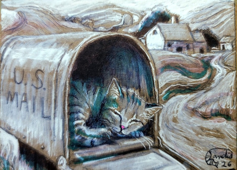 Jacob Landis WHIMSY HANDMADE ORIGINAL ACEO Sketch Kittens Cats "Tug Of War" gallery