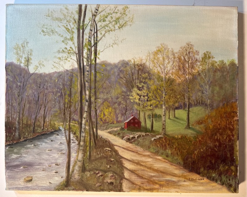 Vintage Landscape Oil Painting With Red House By Indiana Artist Flora Williams