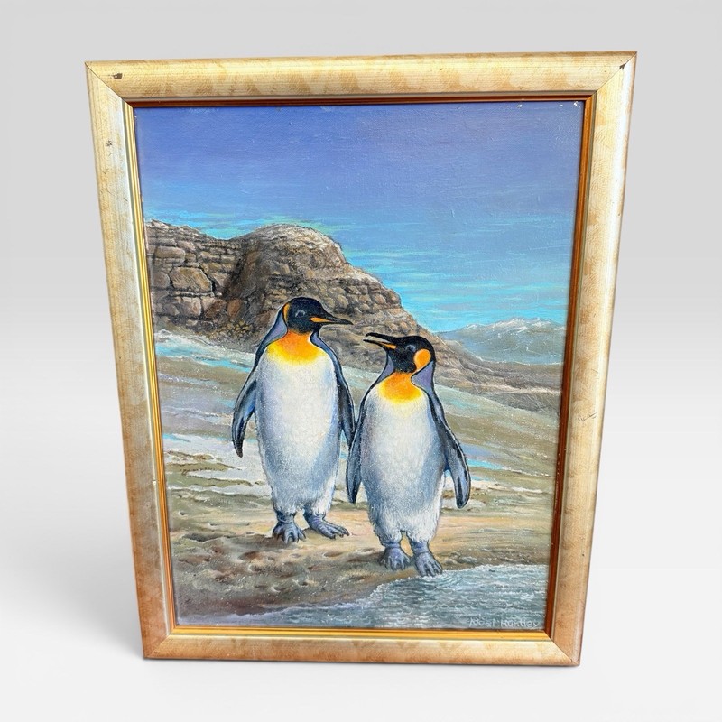Original Noel Huntley Oil Painting Two King Penguins 18×14 Signed Framed