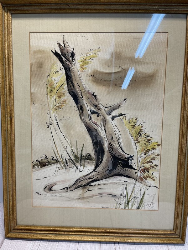 Stunning Vintage Print Tree Trunk With Leaves In The Background. Signed Barkley