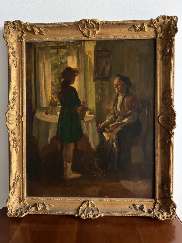 Antique Oil Painting on Canvas/Interior Genre Scene/Attributed to T. Reid