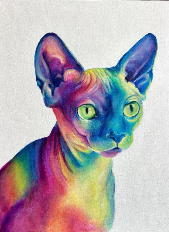 Original Art, Sphynx Cat Painting, Abstract Rainbow Kitty, Handpainted 12x16inch
